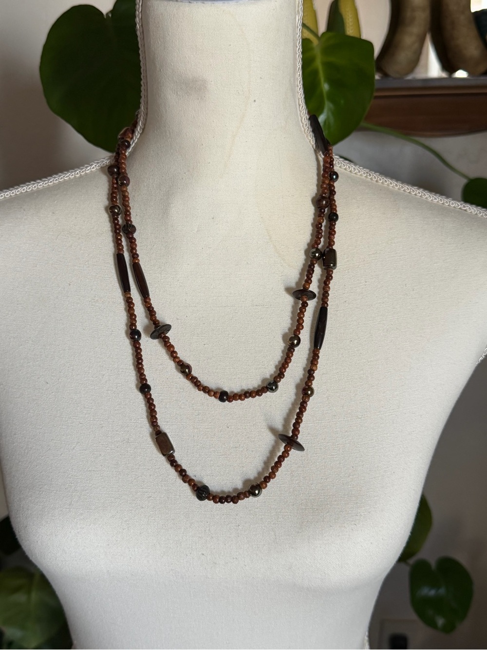 Vintage Brown Wood Beads & Black Wood Discs Beaded Long Necklace